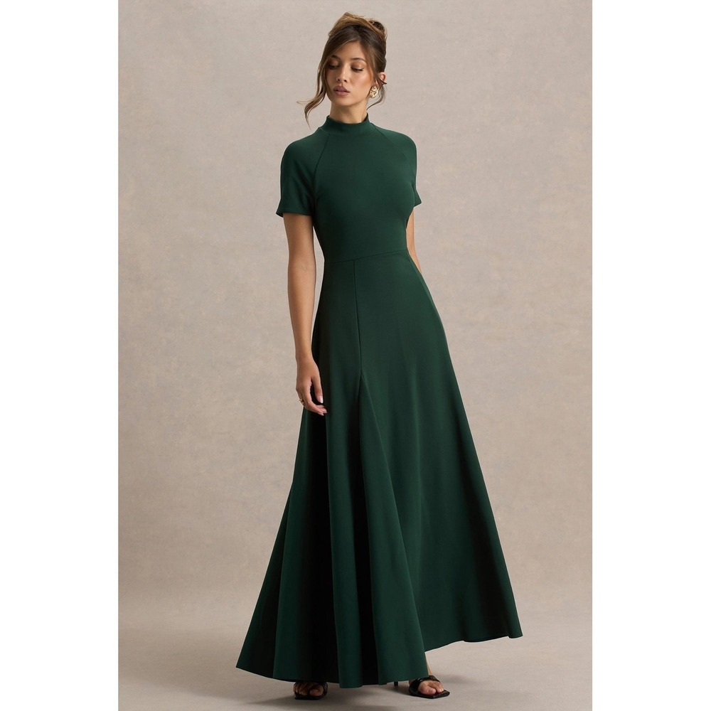 NWT Club L London Alea Dark Green Maxi Dress High Neck Scuba Crepe Gown US 2